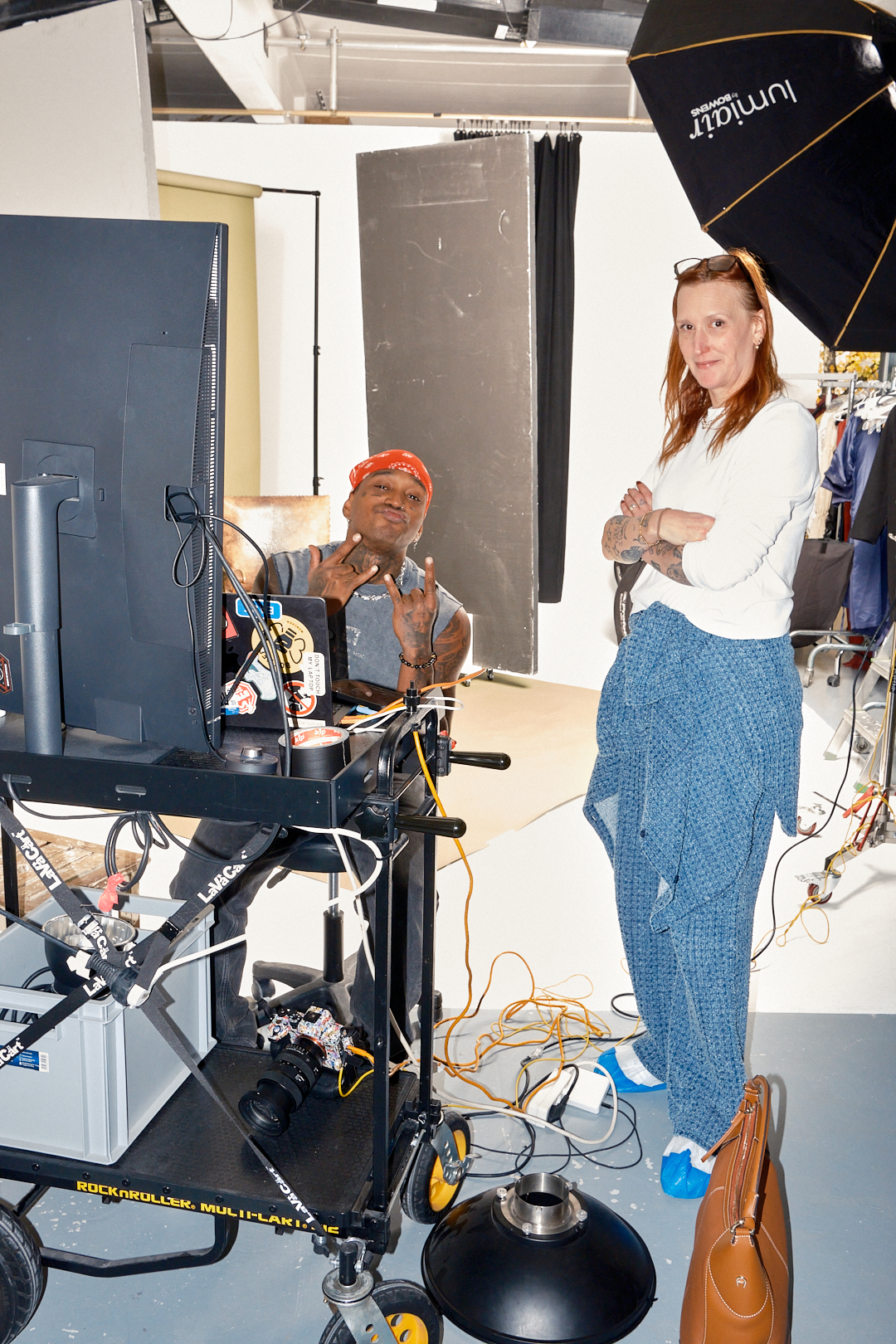Crew members at the DIT station in the studio
